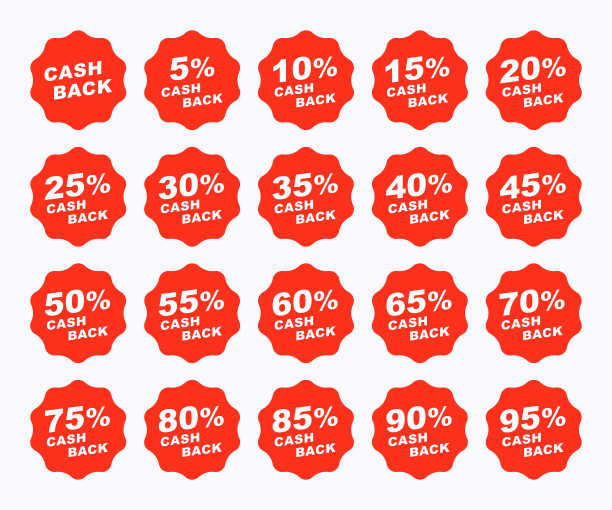 钞票返现标签及贴纸收集平面设计。退款金融服务推广横幅矢量插图。返回资金百分比图标设置图片下载