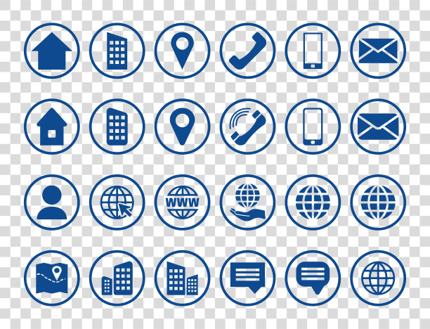 圆形蓝色联系信息图标设置为定位针，电话，网络和手机，人和电子邮件图标。图片下载
