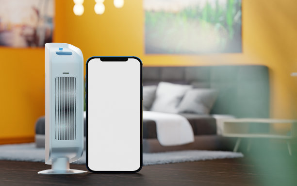 一个空气净化器和一个空白屏幕的手机在一个房间的背景，卧室。图片下载