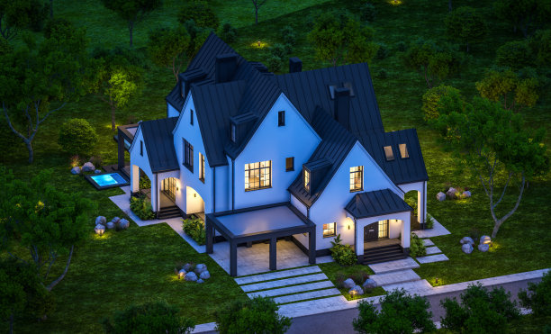 白色和黑色的现代都铎式房屋在夜间的3d渲染图片下载