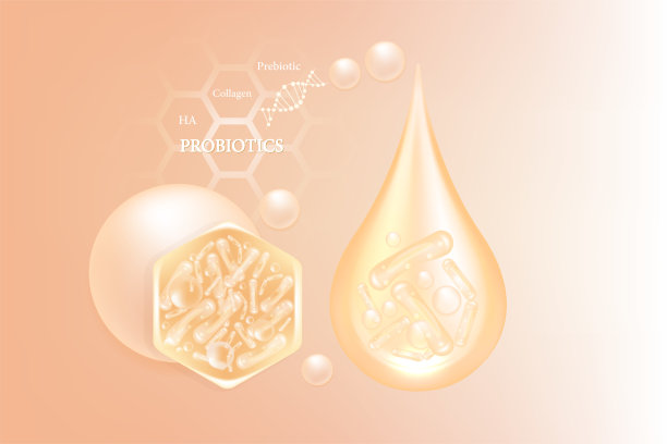 益生菌和透明质酸皮肤解决方案广告，奶油胶原蛋白，和维生素血清滴与化妆品广告背景准备使用插图载体。图片下载