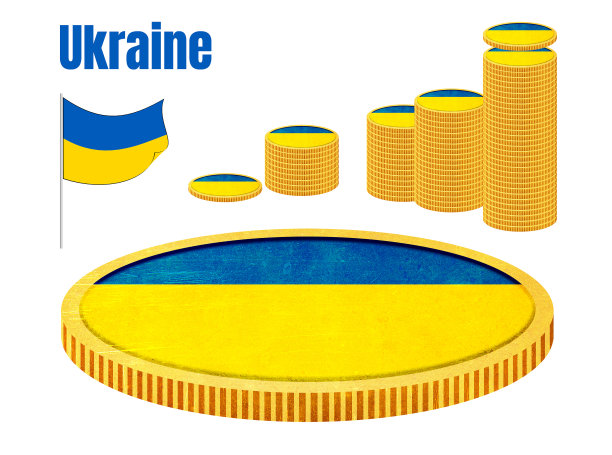 白色背景上印有乌克兰国旗的金币图片下载