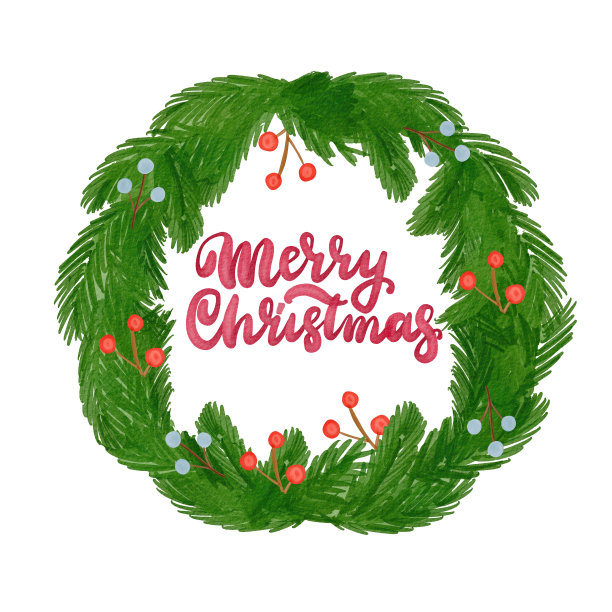 用红浆果和蓝浆果水彩画的圣诞花环。手绘水彩插图孤立图片下载