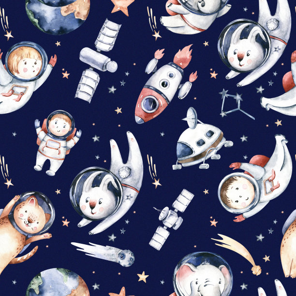 航天员无缝图案。宇宙孩子婴儿男孩女孩大象，狐狸猫和兔子，太空服，宇航员恒星，行星，月球，火箭和航天飞机水彩飞船背景图片下载