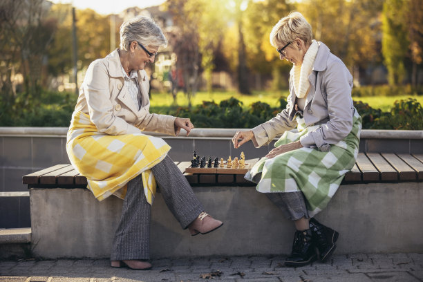 两个年长的成年妇女在公园外的长椅上下棋。图片下载