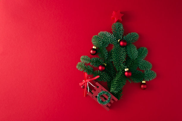 圣诞树组装从真正的树枝装饰在红色背景复制空间图片下载