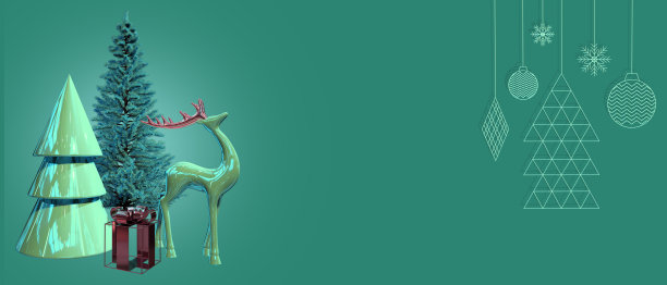 圣诞寒假作文。逼真的3d装饰设计项目，鹿和礼盒，圣诞树，新年快乐。3d渲染图片下载