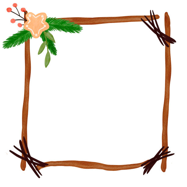 水彩画圣诞木制方形框架与花卉元素，姜饼和红浆果。手绘孤立的白色背景图片下载