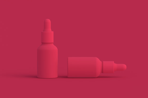化妆品瓶子与移液管洋红色的背景。2023年的流行色。三维渲染图片下载