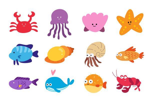 一套海洋鱼在有趣和可爱的角色设计。儿童动物插画图片下载