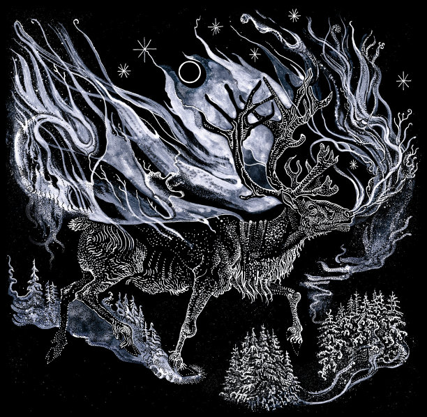野生驯鹿被冷杉林、暴风雪和北极光包围。手绘魔幻童话插画。自然的精神。濒临灭绝的动物。白墨水在黑纸上。图片下载