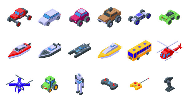 无线电控制玩具图标设置等距矢量。Rc玩具图片下载