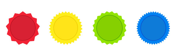 星爆卡通贴纸图标集。销售旗帜符号。红、黄、绿、蓝星形标志。广告促销促销价格优惠券标签图片下载