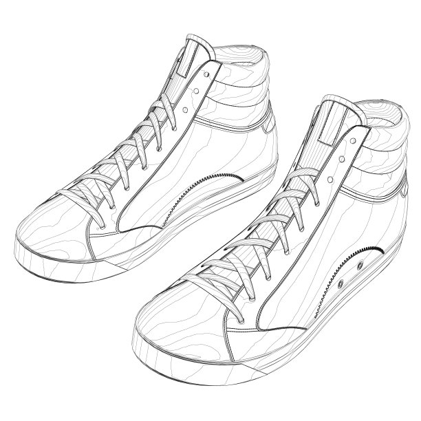 运动鞋的轮廓由白色背景上孤立的黑色线条构成。等距视图。3 d。矢量插图。图片下载