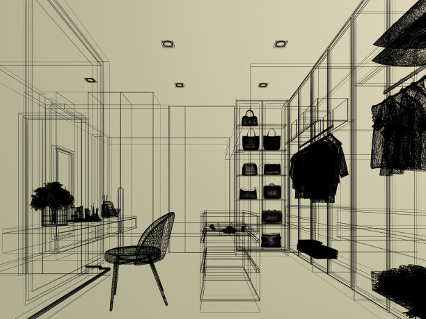 室内步入式衣帽间草图设计，三维渲染图片下载