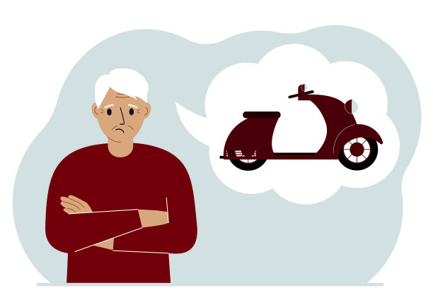 一个老人梦见或想到一辆小摩托车或摩托车。他的思想就像一个气泡。梦想、购买、贷款或投资的概念。图片下载