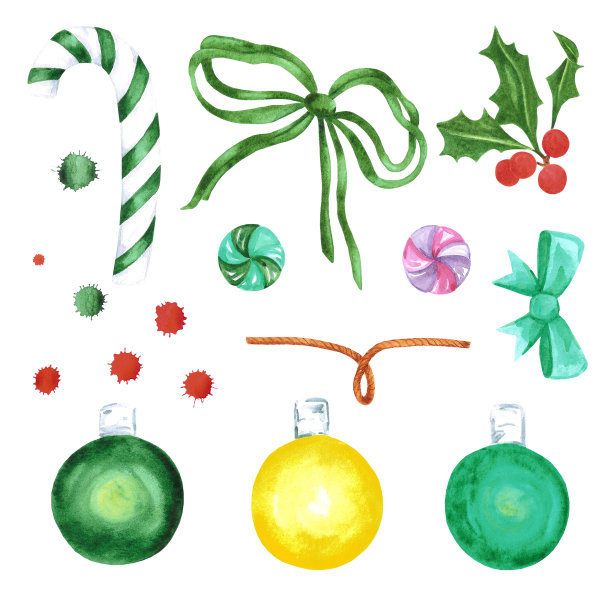 手绘水彩画圣诞和新年符号，装饰元素。剪贴簿设计，排版海报，标签，横幅，明信片。图片下载