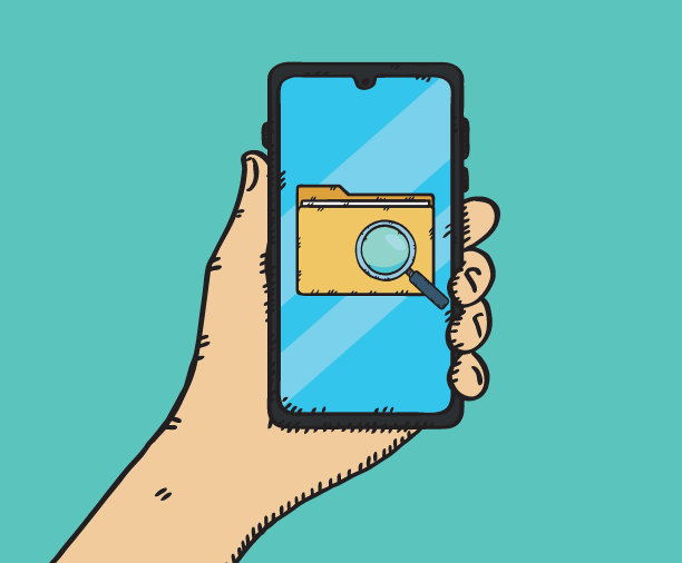 文件夹文件和文件搜索放大镜显示在用户手中的手机屏幕上。手绘矢量插图。图片下载