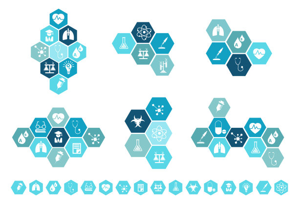 矢量医疗图标集元素六边形形状背景蓝色创意布局模板设计图片下载