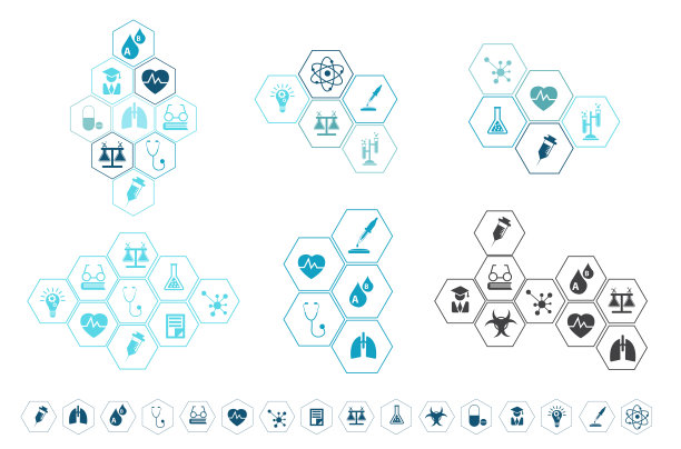 矢量线条艺术医疗图标集元素六边形背景蓝色创意布局模板设计图片下载