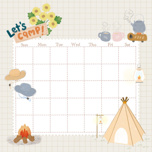 这是一个月、日或周计划。你可以用它来做计划，组织，做一个待办事项清单，日程安排。这是一个带有甜棕色粉彩的野营旅行。图片下载