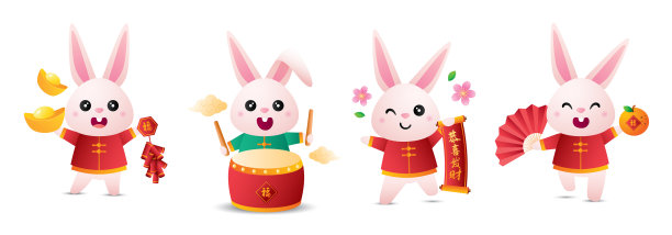 中国新年，可爱的兔子在不同的许愿姿势。图片下载