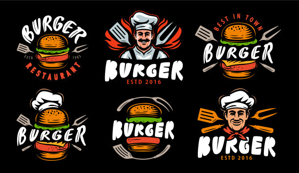 汉堡标志快餐标志或标志集图片下载