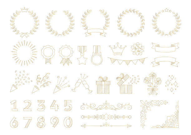 纪念堂和颁奖典礼装饰设计框架，矢量材质套装，白色底色金色线条。用于证书、婚礼、请柬、仪式、奖项的装饰框架和插图。图片下载