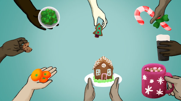 蓝色背景的手拿季节性圣诞食物的插图图片下载