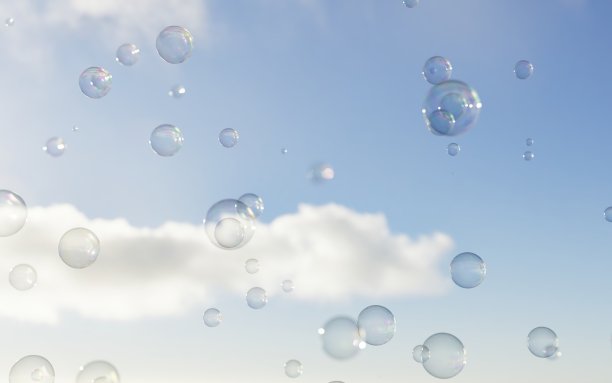 空中有气泡。肥皂泡背景。3 d渲染。图片下载