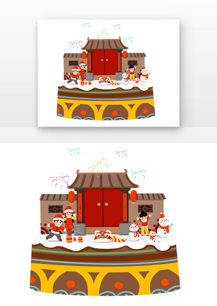 国潮春节场景喜庆过新年迎新春建筑阁楼图片下载
