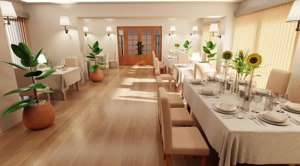 现代餐厅逼真的3D渲染图片下载