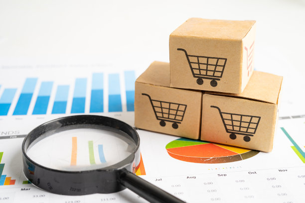 在图形背景上的盒子上的购物车标志。银行账户，投资分析研究数据经济，贸易，商业进出口运输在线公司概念。图片下载