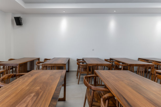 新的空教室，有长桌子和椅子图片下载