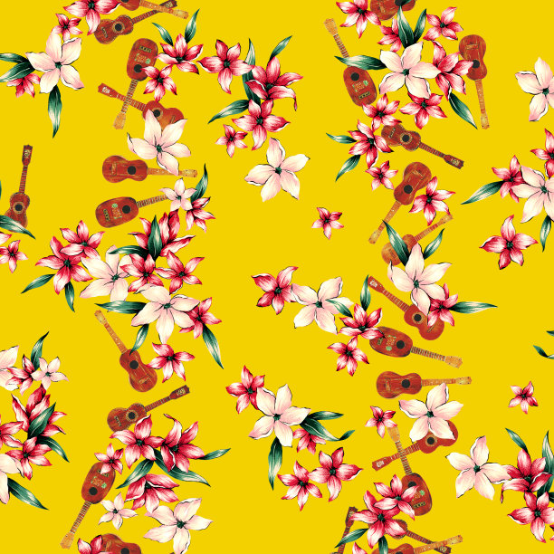 手绘热带花卉和四弦琴图案，图片下载