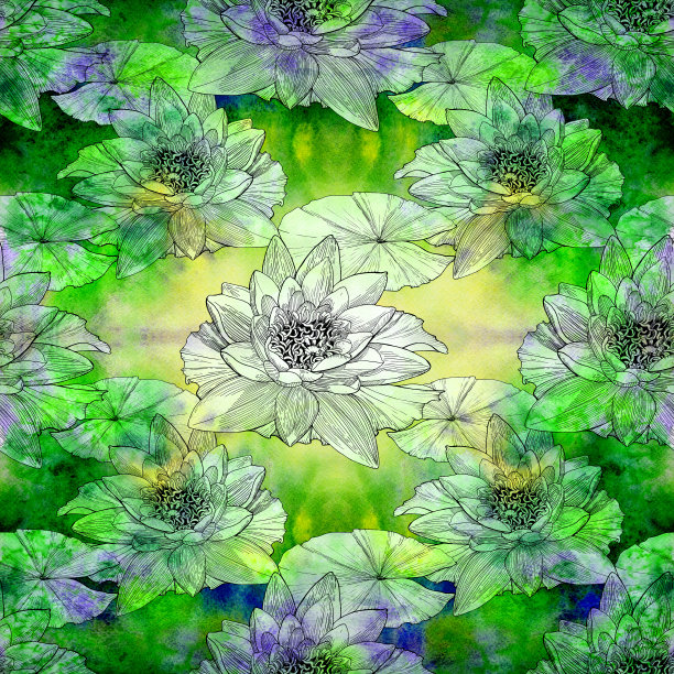 莲花。无缝模式上的水彩背景。药用、香水和化妆品植物壁纸。使用印刷产品，标志，海报，明信片，包装。图片下载