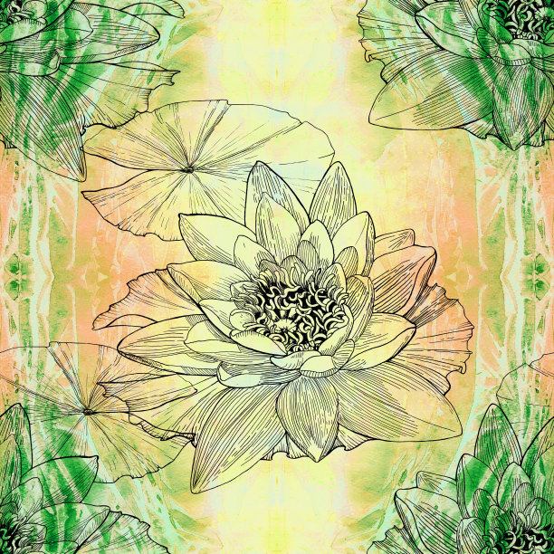 莲花。无缝模式上的水彩背景。药用、香水和化妆品植物壁纸。使用印刷产品，标志，海报，明信片，包装。图片下载