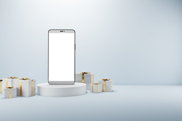 空白色手机在创意台座周围的白色圣诞礼物盒在光背景与模拟的地方。节日、庆典、礼品采购及商业设计概念。3 d渲染。图片下载