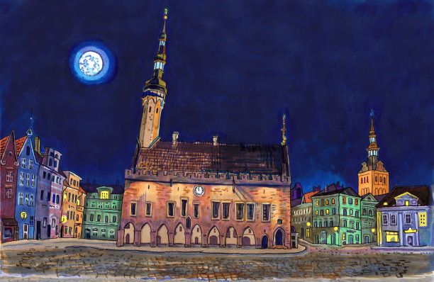 塔林老城市政厅广场的夜晚。历史建筑，圣尼古拉斯或尼古里斯特教堂，城市灯光，满月。波罗的海国家的地标。手绘素描风格的标记插图。图片下载