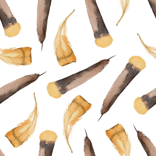 热带橙色鸟类的羽毛和棕色羽毛，顶端是黄色的。水彩无缝图案。手绘艺术。艺术插图。图片下载