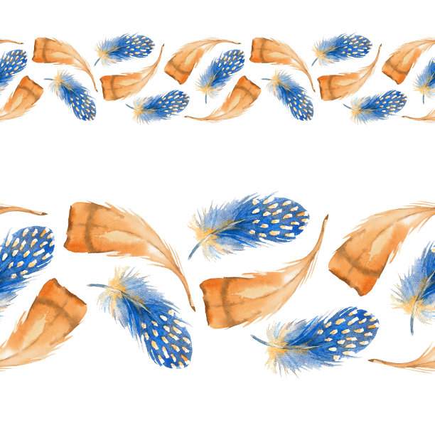 异域鸟的蓝色和橙色羽毛。水彩无缝边界。贺卡、请柬和室内装饰的艺术。手绘插图图片下载