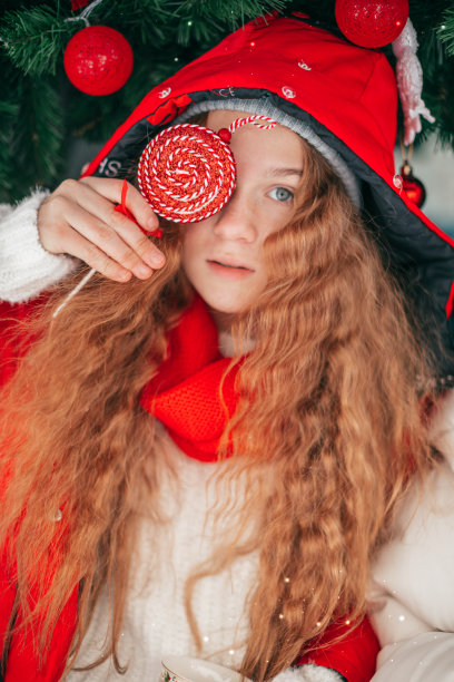 快乐的少女拿着圣诞棒棒糖。快乐的孩子在等待圣诞前夜。新年假期图片下载