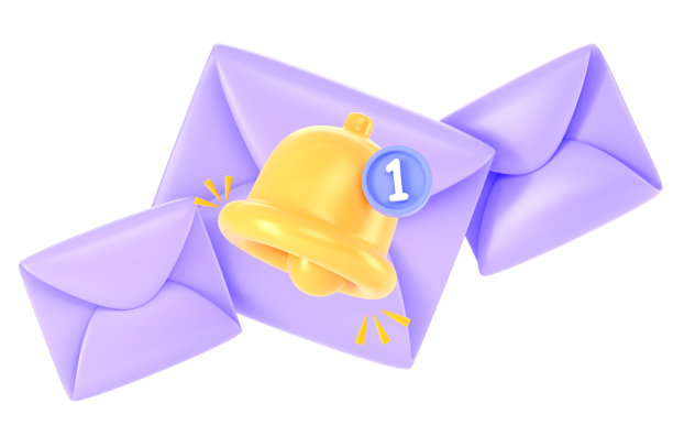 带铃铛的3D信封。电子邮件信息的概念，简报通知3d渲染。卡通图标，紫色的纸字母，黄色的通知孤立在白色背景上图片下载