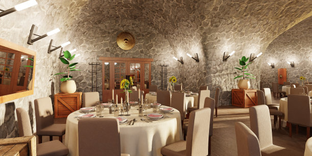 真实的3D渲染酒窖餐厅图片下载