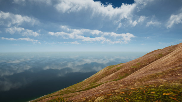 阐述景观可持续发展目标，保护生态系统。一个绿色岛屿的自然环境，没有树木3D渲染图片下载