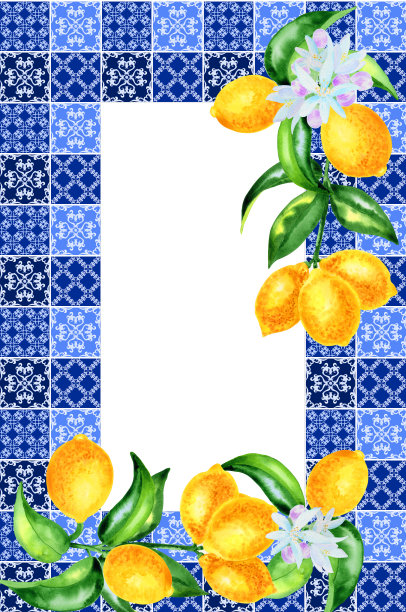 地中海框架。邀请和贺卡模板。婚礼设计。西西里马略里卡和柠檬。手绘水彩插图。图片下载
