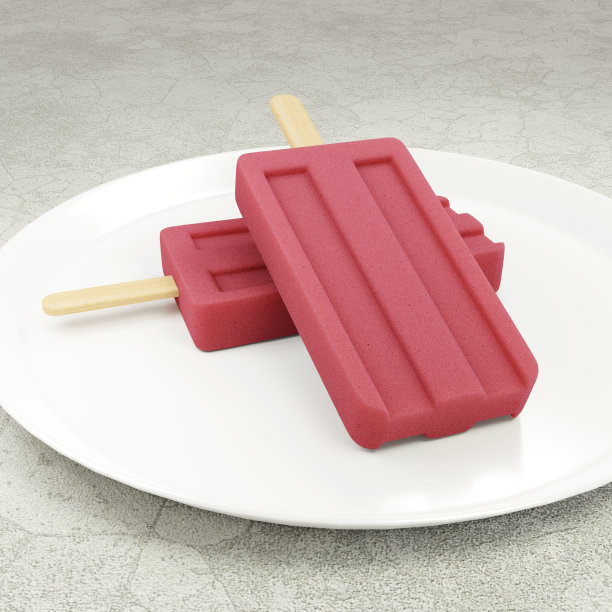 三维渲染西瓜冰淇淋木棒在白色陶瓷盘，红色冰棍在白色陶瓷盘图片下载