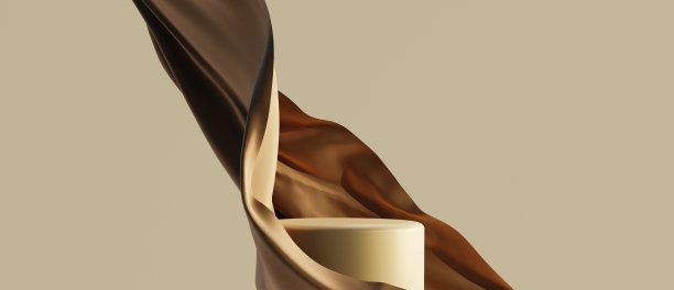 产品展示平台与飞行中性色丝绸布窗帘米色背景。三维渲染，支架，化妆品展示。图片下载