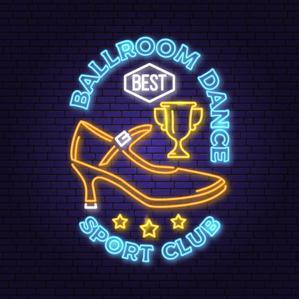 交际舞运动俱乐部明亮霓虹招牌。概念衬衫或标志，印刷，邮票或t恤。舞蹈运动霓虹灯标志与鞋交际舞剪影。矢量插图。图片下载