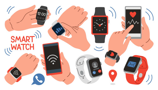 智能手表矢量集。智能手表收集孤立的白色背景。智能手表在手图片下载